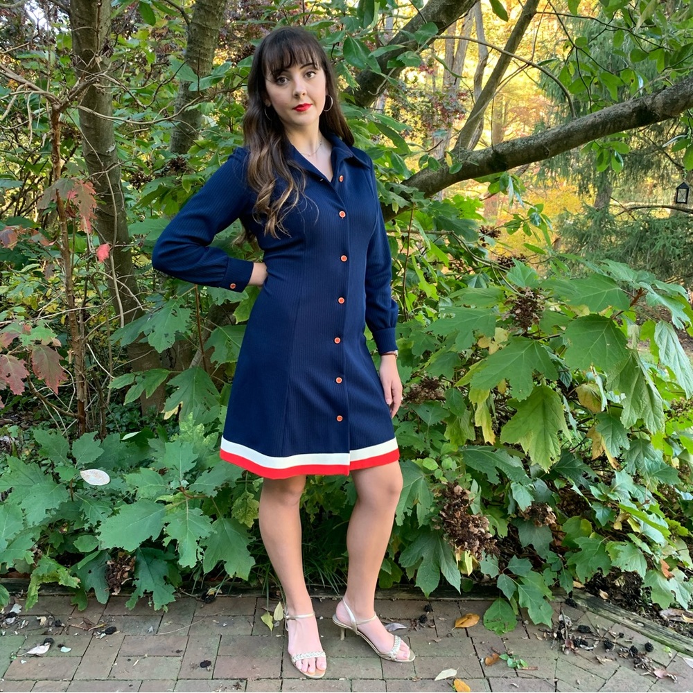 Vintage Versatile Dress or Jacket Navy Striped buttons Verona Knits